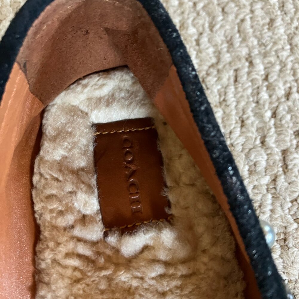 COACH Black Suede Roccasin Charms T-Rex Moccasins 10 Slip on Shearling Cozy - Picture 2 of 8
